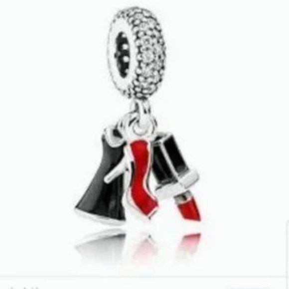 Pandora Dangle W/ Stiletto, Dress, Lipstick, Clear CZ & Enamel - Picture 1 of 6